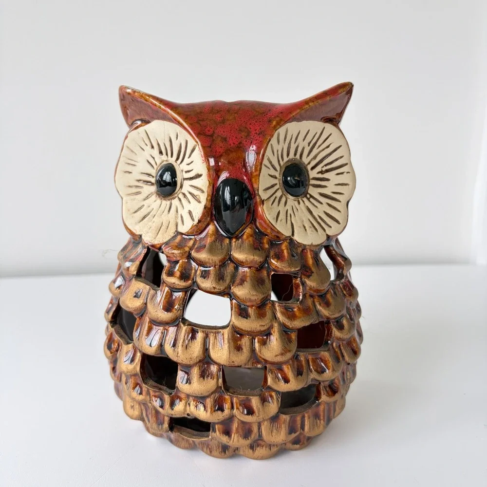 Vintage Ceramic Owl Tea Light Candle Holder Pair Mid Century Retro Boho Decor